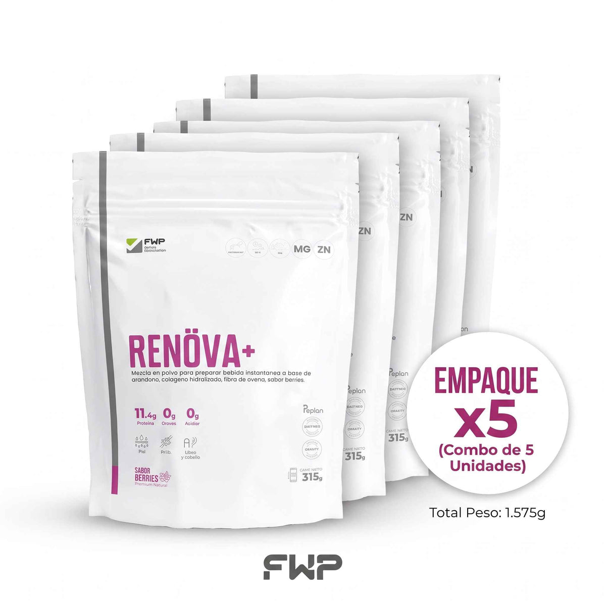RENÖVA+ FWP | Colágeno PREMIUM con Biopéptidos Activos, Resveratrol, Q10, Zinc y Magnesio (Sabor Berries, 21 Sachets)